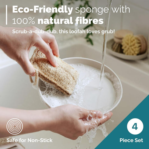 Jungle Culture 4 Piece Bamboo Dish Brush Set for Washing Up • Long Lasting Wooden Dish Brush with 3 Replacement Heads & Loofah Sponge Scourer • Ec...