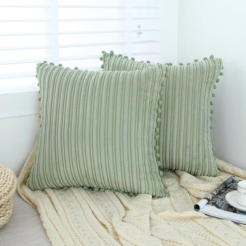 Green Pillow Covers 18x18 inch with Pom-poms Set of 2 Corduroy Farmhouse Boho Accent Decorative Throw Pillow Covers for Couch Bed Sofa...
