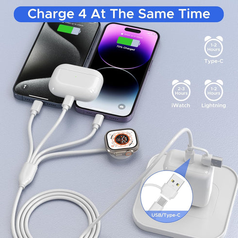 4 in 2 Multi Charging Cable for Apple Watch Charger,USB C Cable Universal Tra vel Charger with Lightning Type C Compatible with iPhone 15 14 13 iW...