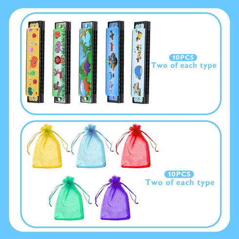 10 Sets Harmonica with Organza Gift Bags Music Party Favors 16 Holes Cartoon Harmonica Musical Instrument for Musical Party Gift Harmonica Beginne...