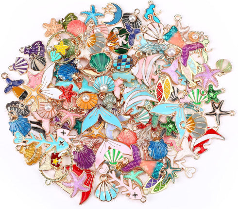 MARFOREVER 120 Pcs Ocean Themed Sea Charms for Jewelry Making, Assorted Gold Enamel Starfish Seashell Marine Pendants for Necklace Earring Bracele...
