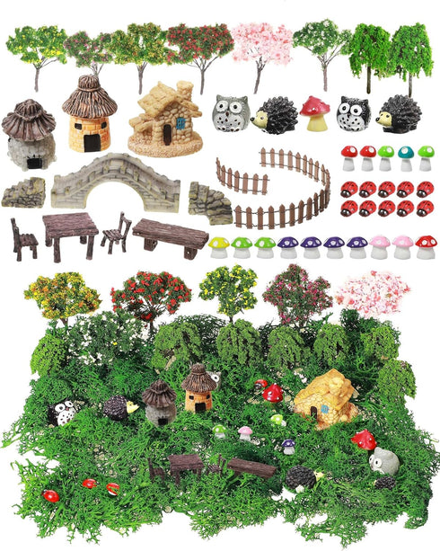 58 Pieces Miniature Garden Set, Fairy House Diorama Accessories Mini Figurines Micro Landscape Ornaments Mixed Model Trees for DIY Garden Decor Su...