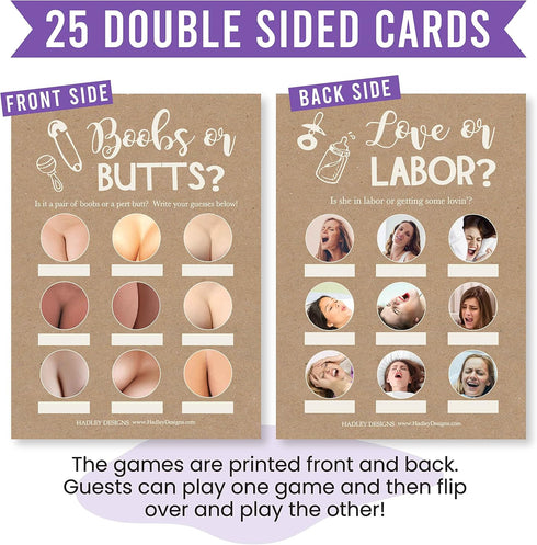 Hadley Designs Hilarious Baby Shower Games Set – 25 Double-Sided Cards for 25 Guests, Love or Labor and Boobs or Butts, Baby Shower Games Funny, G...