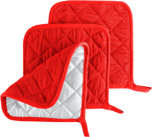 Set of 3 Kitchen Pot Holders - Heat-Resistant Quilted Cotton Pads for Hot Dishes and Pans - Protective Pads with Hanging Loops by Lavish Home (Red...