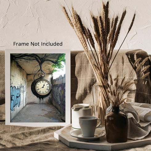 Posterizer-surreal street art scene-melting classic clock -1-Abstract & Modern Art Gift for Street Art, Mural Fans Living Room Bedroom Decor- unfr...