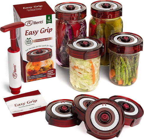 Fermenting Lids for wide mouth mason jars. 4 waterless airlock fermentation lids kit. Easy Grip fermenter lid with Oxygen Pump automatically Vents...