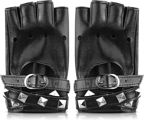 Accmor Leather Punk Gloves Fingerless Gloves for Women Driving Cycling Sports Cosplay Performance Half Finger Gloves for Women Teens Kids...
