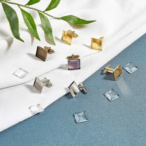 PH PandaHall 24 pcs 3 Colors Brass Cufflink Cuff Button Pads 16mm Square Tray Bezel Cufflink Blanks with Clear Cabochons for Shirt Cloth Accessori...