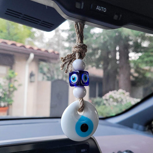 White Evil Eye Wall Glass Hanging Car Charm Ornament Accessory for Rear View Mirror...