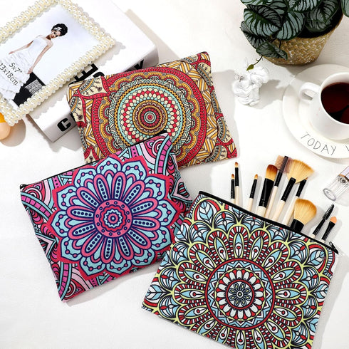 Kajaia 12 Pcs Mandala Makeup Bag Bulk Canvas Cosmetic Bag for Purse Toiletry Pouch with Zipper Travel Preppy Makeup Organizer 9.25 x 6.9 Inch Mand...