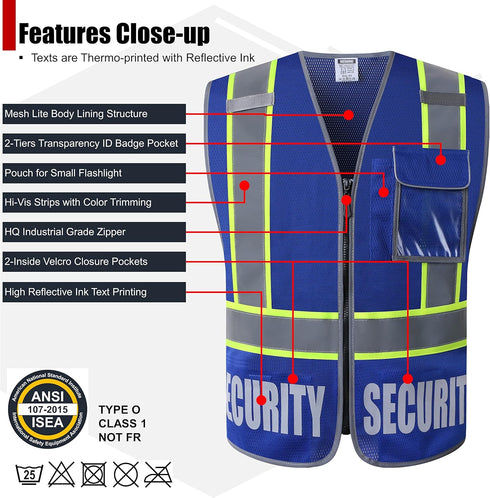 Retro-Reflection Security Safety Vests Heavy Duty Blue Mesh with 5 Pockets and Front Zipper Meet ANSI/ISEA 107-2015 (Blue-22, Large)...