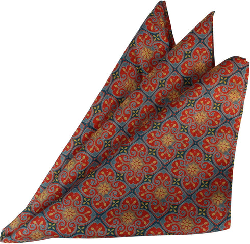 Elegant Red Gold Cathedral Print Silk Handkerchief Rich Arabesque Design – 100% Silk - Large 16” Square...