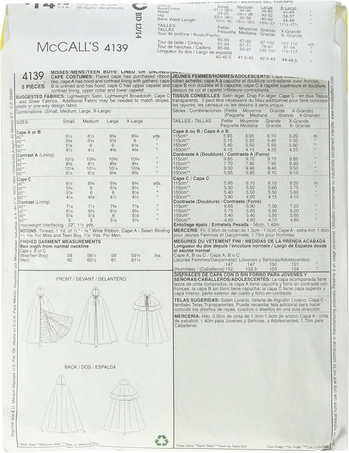 McCall's M4139 Misses'/Men's/Teen Boys' Lined & Unlined Cape Costumes Pattern OSZ (One Size)...
