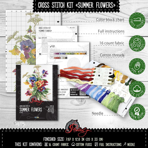 Povitrulya Summer Flowers - Embroidery Set - DIY Counted Cross Stitch Kit with Paper Pattern, 14 Count Aida Canvas and Pre-Sorted Floss...