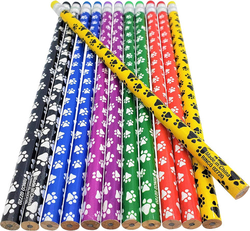 36 PACK Paw Print on Colorful #2 LEAD Pencils - Wooden with Colorful Eraser on Top (36 Pack) In Bulk....