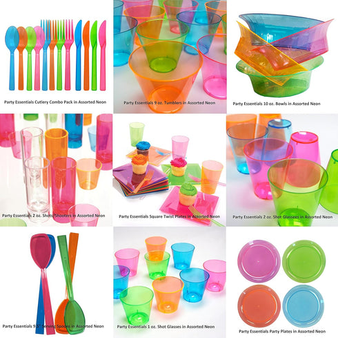 Party Essentials 10 Count Hard Plastic Square Twist Salad/Snack Bowls, 12-Ounce, Assorted Neon...