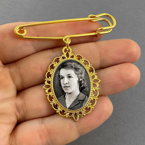 Gold Wedding Bouquet Photo Charm Pin for Bridal Bouquet or Boutonniere Memorial for Mother Father of The Bride or Groom Wedding Accessory...