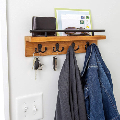 Mail and Key Holder for Wall, Decorative Wooden Wall Shelf with Hooks, Wall Mounted Coat Rack with Shelf, Keys Organizer, Entryway Hooks with Home...