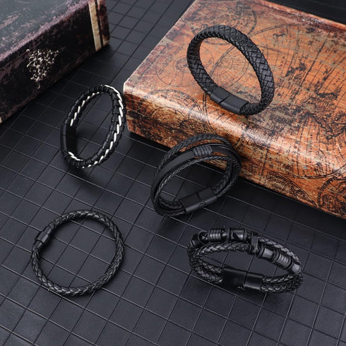 SAILIMUE 5 pcs Black Leather Bracelets for Men Women Braided Leather Wristband Cuff Bracelets Set 7.5-8.5 inch...
