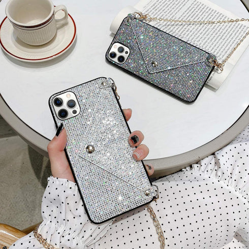 Omorro Glitter Diamond Sequins Wallet Case with Shiny Crossbody Chain for iPhone 12 Pro Max Black...