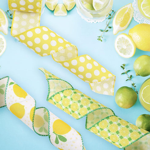 4 Rolls Lemon Wired Edge Ribbons 2.5 Inch x 24 Yards, Polka Dot Ribbon Lemon Stripe Lattice Craft Ribbon for Wrapping, DIY Project, Gift Wrapping,...