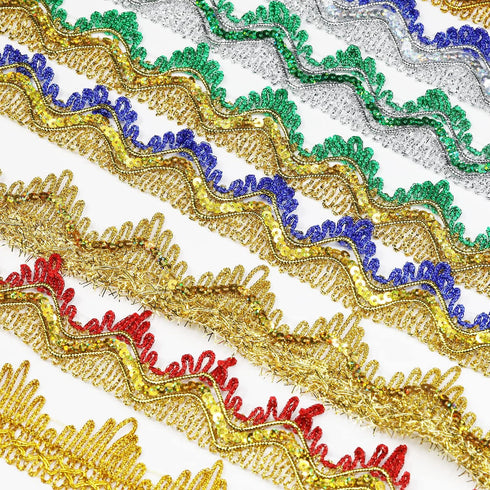 Long 14 Yard Wide 35mm/1.37inch Blue Gold with Gold Sequins lace Trim Decorated Gimp Trim Craft Ribbon for DIY Craft Sewing Fabric, Crafts and Sew...