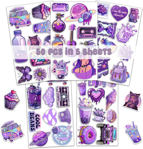 50 Pcs Kawaii Stickers for Kids Teens Girls Decoration Water Bottles Laptop Suitcases Bag Tablets Cute Vsco Aesthetic Vinyl Waterproof Purple Stic...
