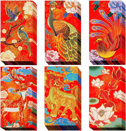 Red Envelopes Chinese New Year, 30 Pack 6 Styles Lucky Red Money Envelopes for Cash - 6.6 x 3.5inches, Peacock Dragon Goldfish Design Hong Bao Chi...