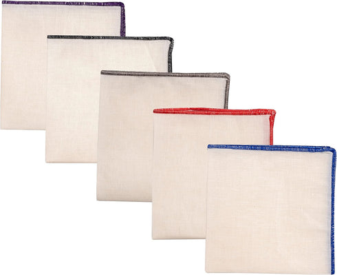 Men's Linen Pocket Square Solid White with Embroidered Edge Premium Cotton Pocket Squares (Violet, Black, Umber, Red, Navy blue)...