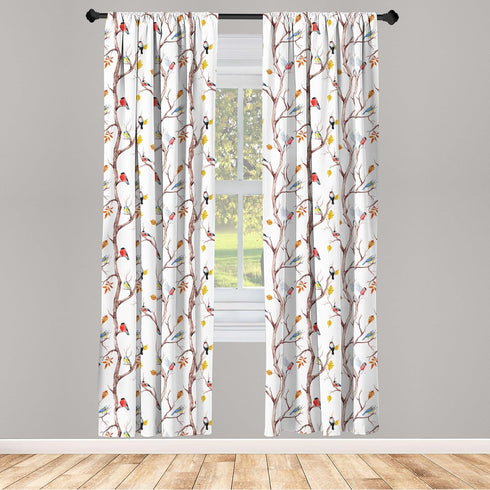 Ambesonne Autumn Window Curtains, Watercolor Birds on a Tree with Yellow Leaves During Fall Season, Lightweight Decor 2-Panel Set with Rod Pocket,...