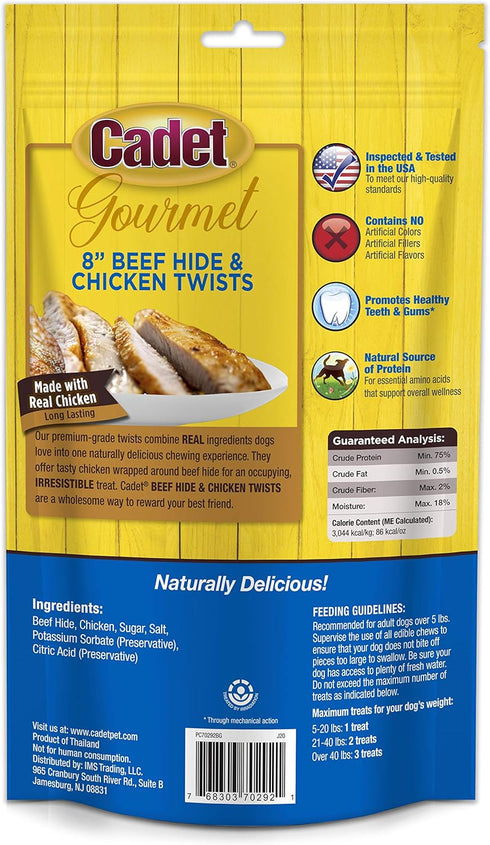 Cadet Gourmet Beef Hide Twist Chew Sticks, Long Lasting & Natural Chew Treats for Dogs, Inspected & Tested in USA, Chicken Flavor (6 Count)...