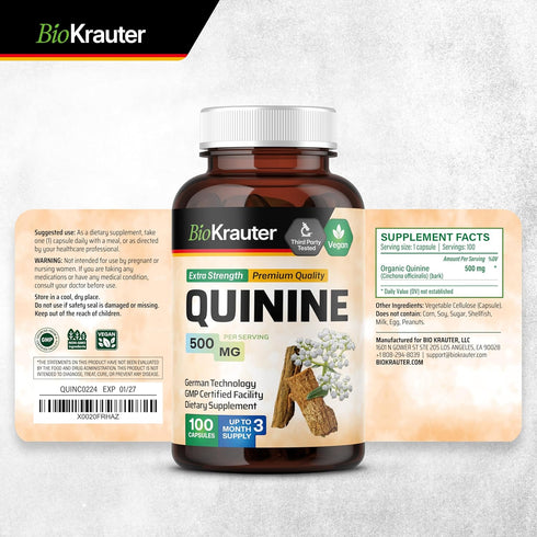BIO KRAUTER Quinine for Leg Cramps Capsules 500 mg - 100 Count - Cinchona Bark Powder - Quinine Capsules - Vegan, No Fillers...