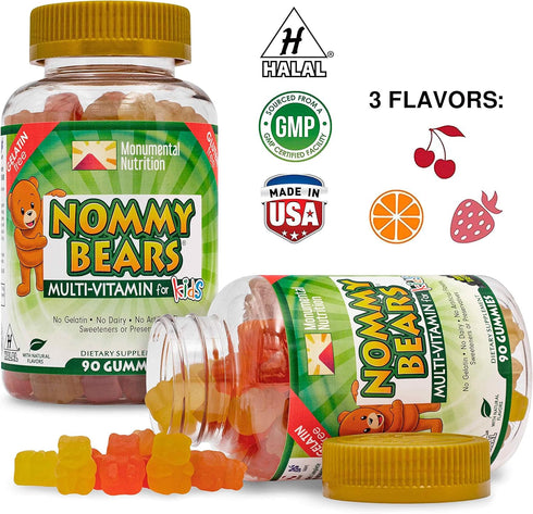 MULTIVITAMIN Gelatin-Free Gummies: for Kids, Children, Teens, Nom Nom Yummy, 3 Delicious Flavors, 11 Essentials, Gluten-free, Halal Certified, Mom...