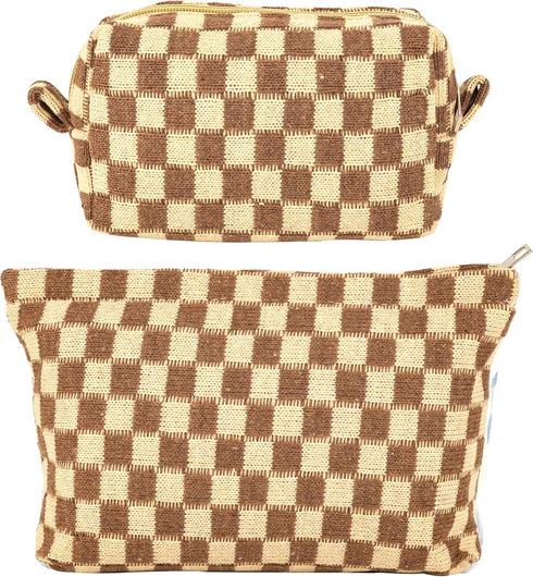 2Pcs Makeup Bag For Women - Large Checkered Knitted Cosmetic Bags&Small Makeup Pouch Aesthetic Design Travel Toiletry Bag Skincare Bag Car Storage...
