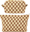 2Pcs Makeup Bag For Women - Large Checkered Knitted Cosmetic Bags&Small Makeup Pouch Aesthetic Design Travel Toiletry Bag Skincare Bag Car Storage...