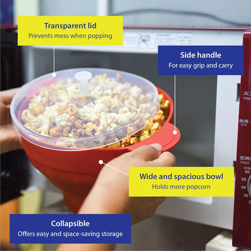 Microwave Popcorn Popper with Lids - Silicone - No Oil or Butter Required - Collapsible Bowls - BPA-Free Container - Movie Night Supplies - Red...