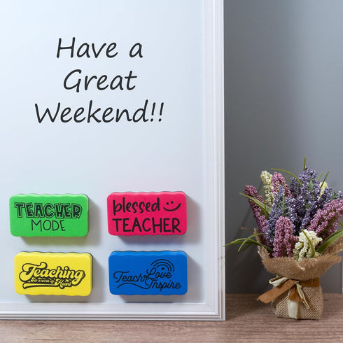 Magnetic Whiteboard Dry Eraser 4-Pack for Teachers Dry Erase Board. Cute, Colorful, Must Haves, Back to School Teacher Dry Erasers and Classroom E...