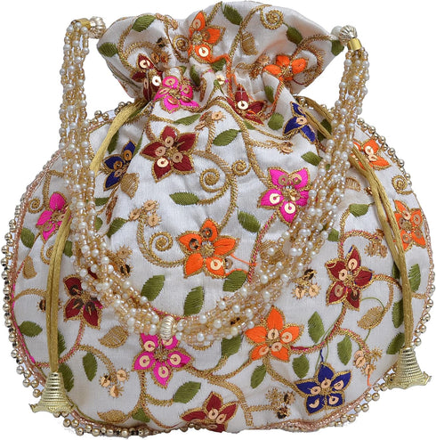Indian Embroidered Potli Bag for Women's Embroidered Silk Batwa Pearl Handle Clutch Purse Evening Party Wedding Gifts for Her...