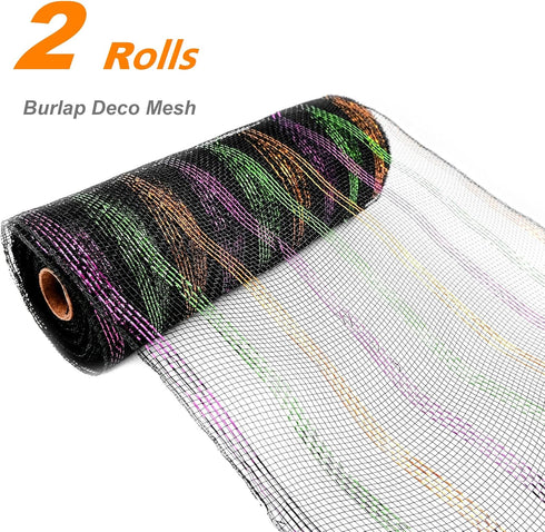 2 Rolls Deco Mesh Ribbon 10 in x 30 ft for DIY Halloween Deco Christmas Tree Wreath Decoration Black Purple Orange Green Poly Mesh Rolls Party Dec...
