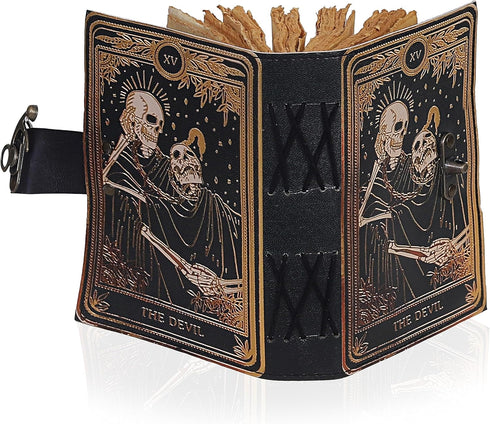VC Book of Spells Leather Journal Deckle Edge Paper Grimoire Printed Journal The Devil Tarot Notebook Spiral Gothic Notebook Skull lover Antique V...