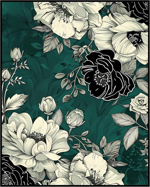 Posterizer 1 pcs-white and black flowers with green background-Floral & Botanical Art-Abstract & Modern Art-Decor for Home & Office- UNFRAMED Wall...