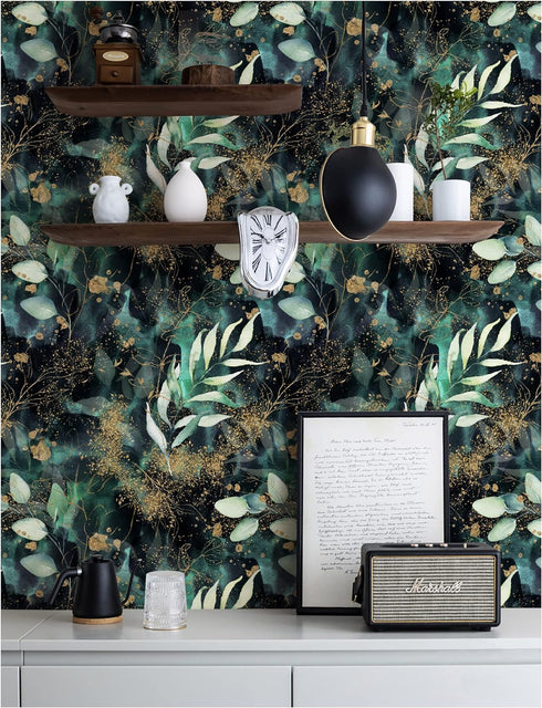 HAOKHOME 93208 Boho Peel and Stick Wallpaper Leaves Branch Removable Black/Green/Matte Gold Vinyl Self Adhesive Mural for Bedroom 17.7in x 6.5ft...