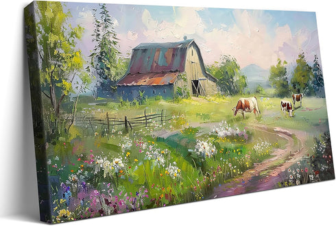 Highland Cow at Old Barn Farm Landscape Canvas Framed Wall Art Wall Decor Farmhouse Country Flower Floral House Prints Painting Picture Artwork fo...