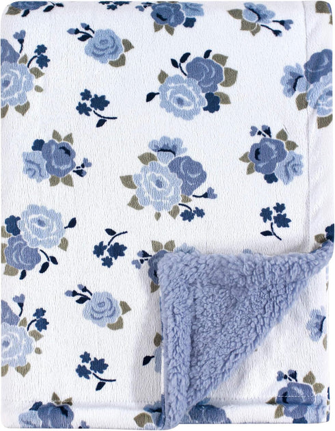 Luvable Friends Unisex Baby Plush Blanket with Sherpa Back, Blue Floral, One Size...