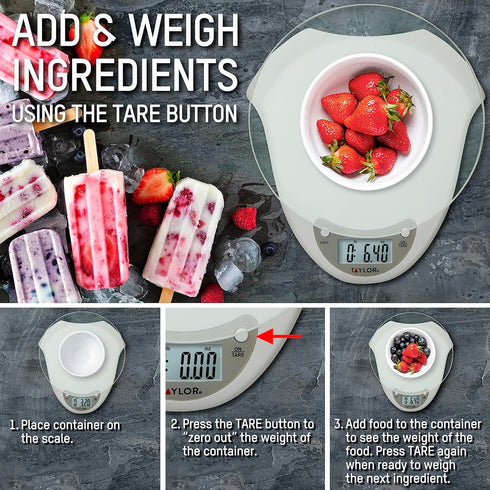 Taylor Digital Kitchen Scale with Glass Platform, Tare Button, and Plastic Body Weighs up to 11 Pounds Capacity, White...