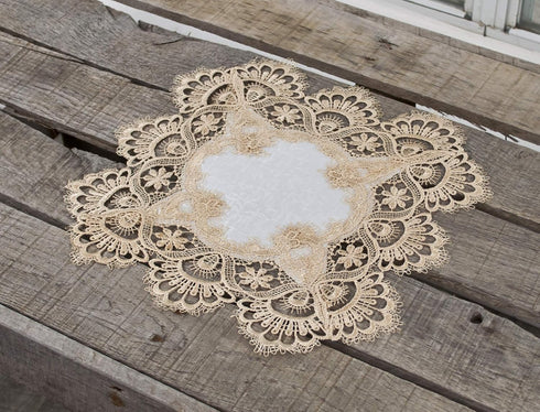 Gold European Lace and Antique Jacquard Fabric Doily, Placemat (14 Inch Square)...