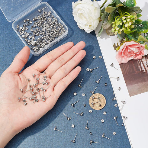 PH PandaHall 200pcs Ball Stud Earring Kit, Stainless Steel Ball Post Earring Studs Round Ball Ear Pin with Loop with Butterfly Earring Back for Da...