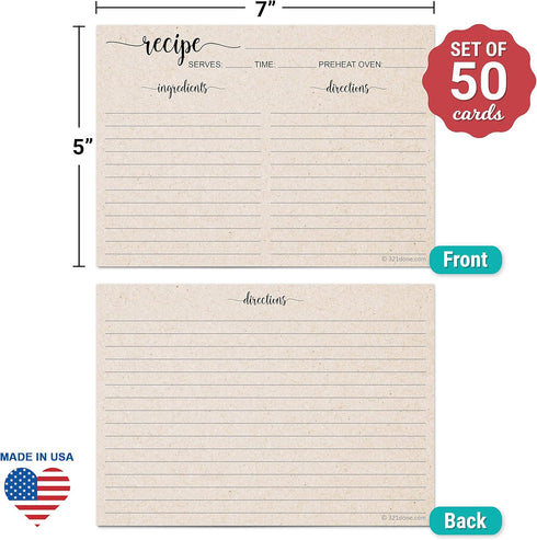 321Done 5" x 7" Recipe Cards (Set of 50) - Extra Large Double-Sided Premium Card Stock - Made in USA - Script Font Minimalist, Large Kraft Tan...
