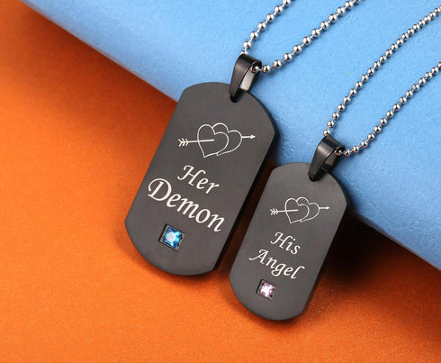 His Angel Her Demon Couple Pendant Necklaces His & Hers Matching Set Titanium Stainless Steel Couple Pendant Necklace Engraved Jewelry Set, Perfec...