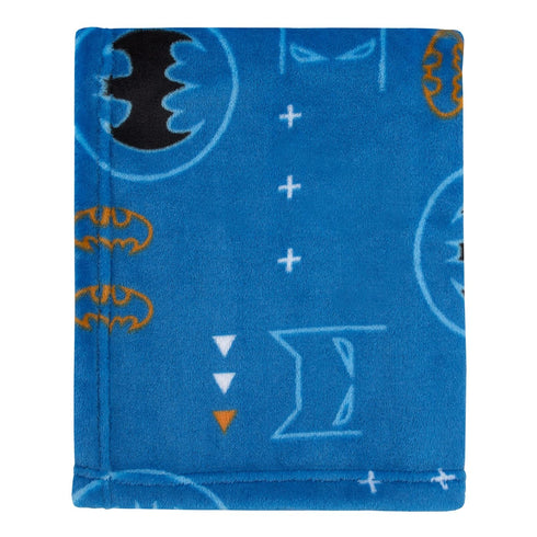 Warner Brothers Batman Blue, Orange, and White with Icons, Emblems, and Triangles Super Soft Baby Blanket...